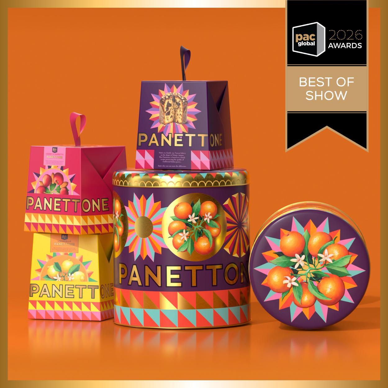 Sainsbury's Taste the Difference Panettone tins, 2026 PAC Global Awards Best of Show, Brand Marketing Limited Edition