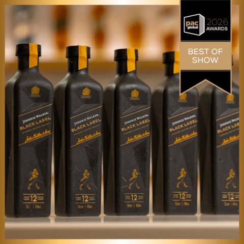 Johnnie Walker Black Label paper bottles by PA Consulting and PulPac, 2026 PAC Global Awards Best of Show, Sustainable Package Design